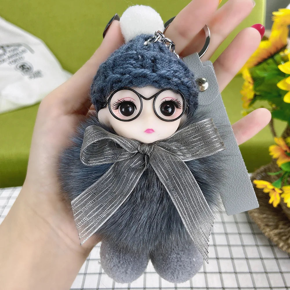 Pompom Sleeping Doll Keychain Cute Fluffy Plush Doll Keychains Women Girl Bags Keyrings Cars Key Ring  Gift Charming  Decoration