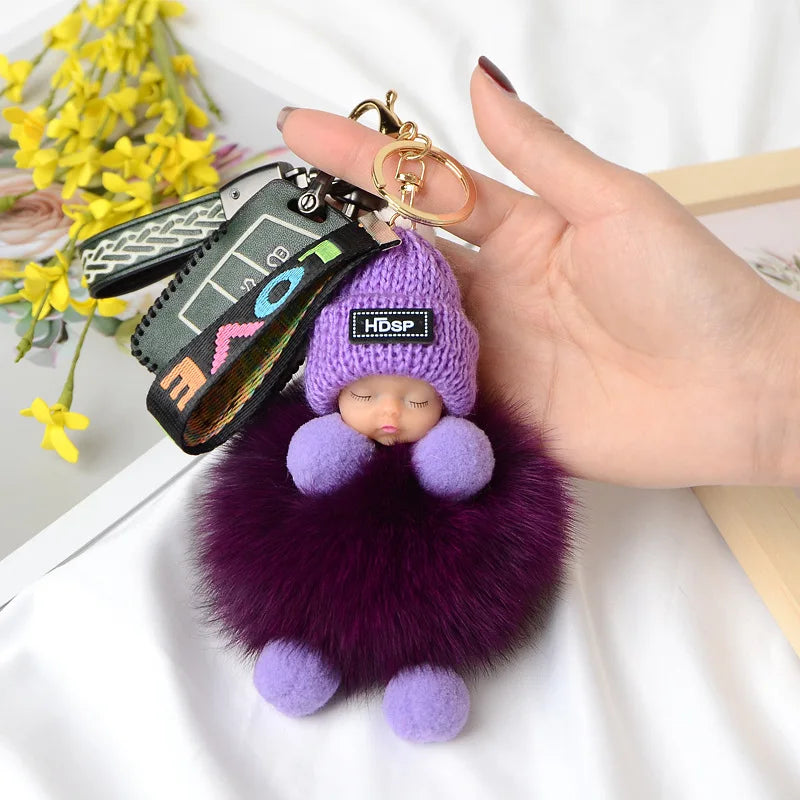 Pompom Sleeping Doll Keychain Cute Fluffy Plush Doll Keychains Women Girl Bags Keyrings Cars Key Ring  Gift Charming  Decoration