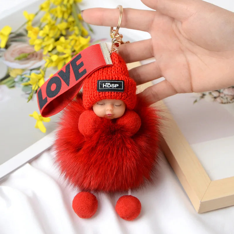 Pompom Sleeping Doll Keychain Cute Fluffy Plush Doll Keychains Women Girl Bags Keyrings Cars Key Ring  Gift Charming  Decoration