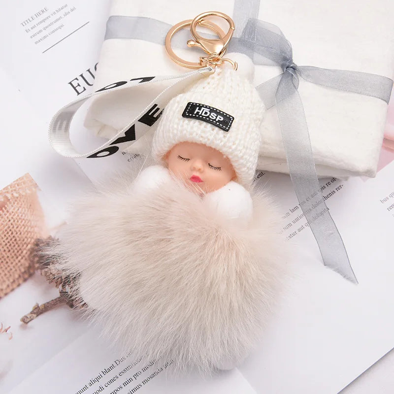 Pompom Sleeping Doll Keychain Cute Fluffy Plush Doll Keychains Women Girl Bags Keyrings Cars Key Ring  Gift Charming  Decoration