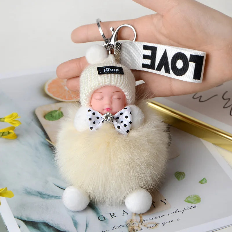 Pompom Sleeping Doll Keychain Cute Fluffy Plush Doll Keychains Women Girl Bags Keyrings Cars Key Ring  Gift Charming  Decoration