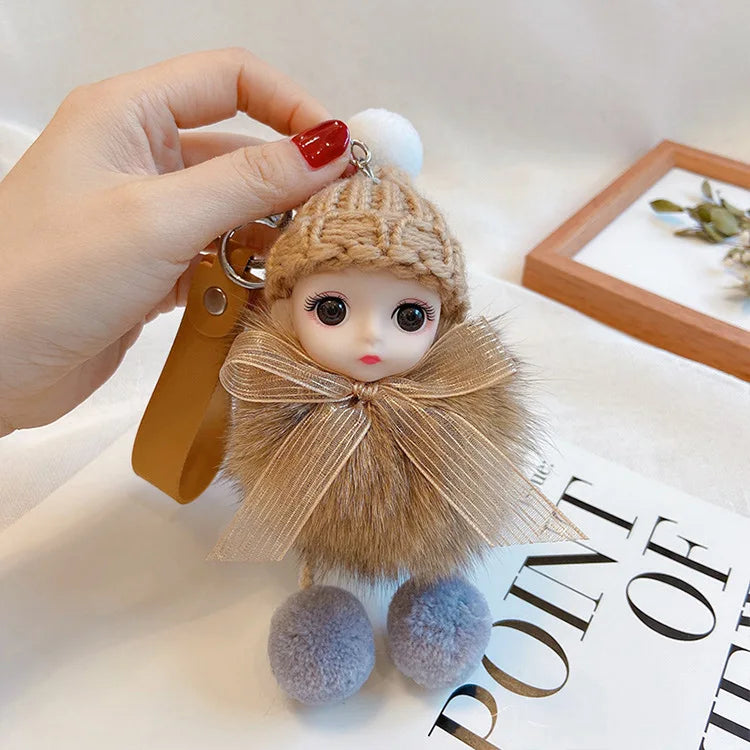 Pompom Sleeping Doll Keychain Cute Fluffy Plush Doll Keychains Women Girl Bags Keyrings Cars Key Ring  Gift Charming  Decoration