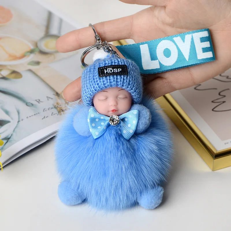 Pompom Sleeping Doll Keychain Cute Fluffy Plush Doll Keychains Women Girl Bags Keyrings Cars Key Ring  Gift Charming  Decoration