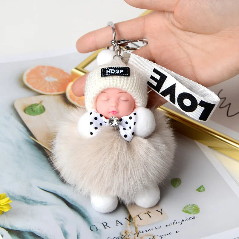 Pompom Sleeping Doll Keychain Cute Fluffy Plush Doll Keychains Women Girl Bags Keyrings Cars Key Ring  Gift Charming  Decoration