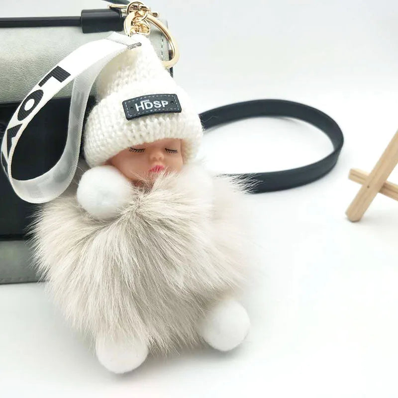 Pompom Sleeping Doll Keychain Cute Fluffy Plush Doll Keychains Women Girl Bags Keyrings Cars Key Ring  Gift Charming  Decoration