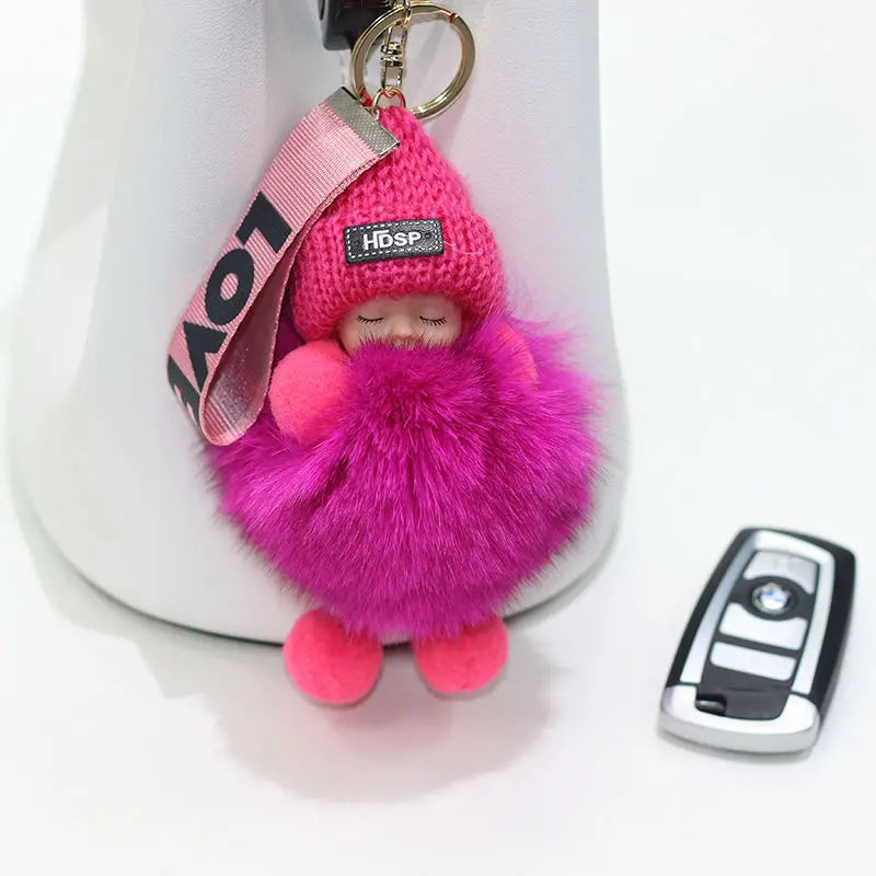 Pompom Sleeping Doll Keychain Cute Fluffy Plush Doll Keychains Women Girl Bags Keyrings Cars Key Ring  Gift Charming  Decoration