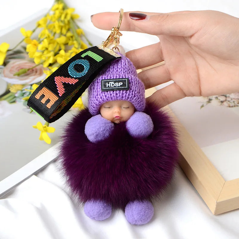 Pompom Sleeping Doll Keychain Cute Fluffy Plush Doll Keychains Women Girl Bags Keyrings Cars Key Ring  Gift Charming  Decoration