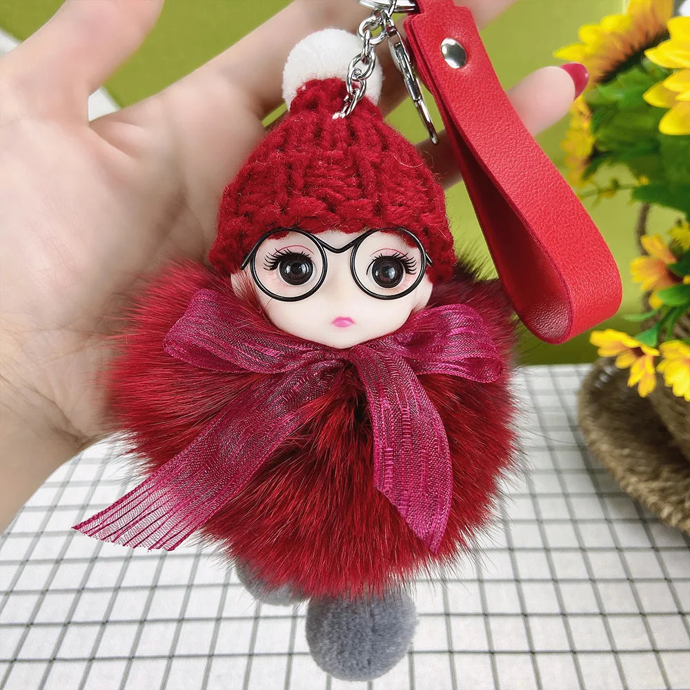 Pompom Sleeping Doll Keychain Cute Fluffy Plush Doll Keychains Women Girl Bags Keyrings Cars Key Ring  Gift Charming  Decoration