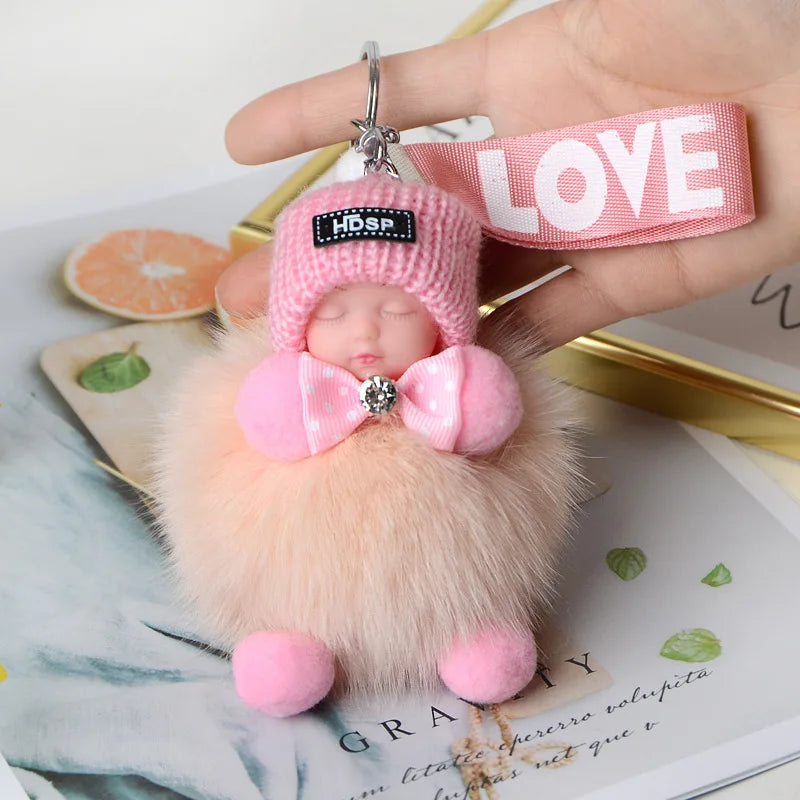 Pompom Sleeping Doll Keychain Cute Fluffy Plush Doll Keychains Women Girl Bags Keyrings Cars Key Ring  Gift Charming  Decoration