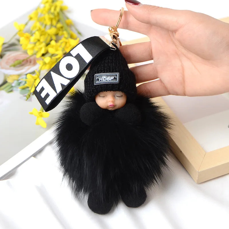 Pompom Sleeping Doll Keychain Cute Fluffy Plush Doll Keychains Women Girl Bags Keyrings Cars Key Ring  Gift Charming  Decoration