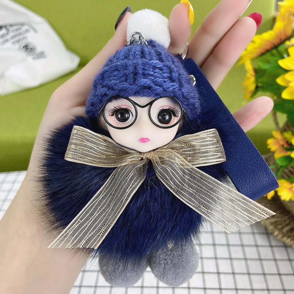Pompom Sleeping Doll Keychain Cute Fluffy Plush Doll Keychains Women Girl Bags Keyrings Cars Key Ring  Gift Charming  Decoration
