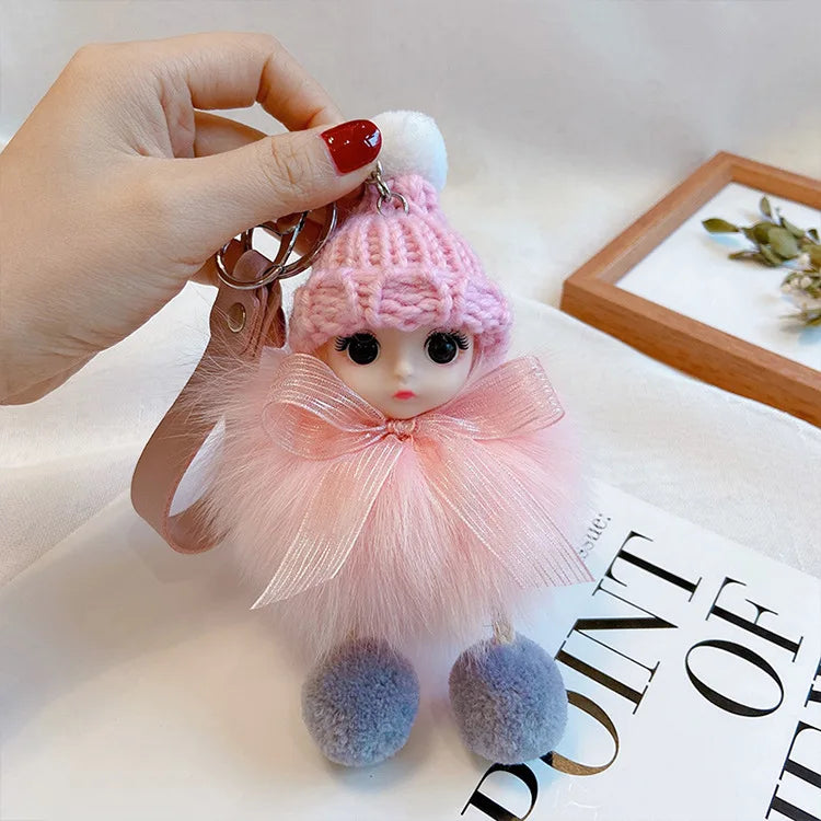 Pompom Sleeping Doll Keychain Cute Fluffy Plush Doll Keychains Women Girl Bags Keyrings Cars Key Ring  Gift Charming  Decoration