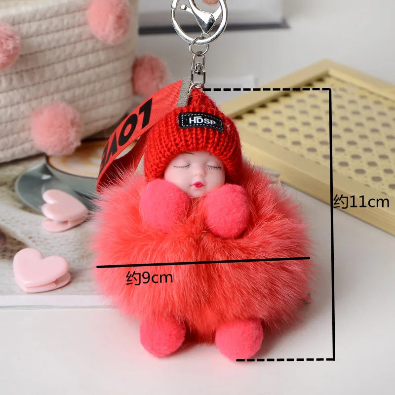 Pompom Sleeping Doll Keychain Cute Fluffy Plush Doll Keychains Women Girl Bags Keyrings Cars Key Ring  Gift Charming  Decoration