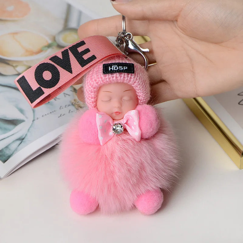 Pompom Sleeping Doll Keychain Cute Fluffy Plush Doll Keychains Women Girl Bags Keyrings Cars Key Ring  Gift Charming  Decoration