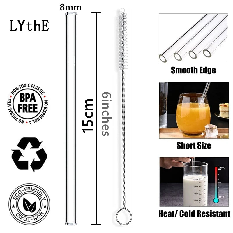 15cm Short Glass Straws 4pcs 6" Reusable Drinking Straws Dishwasher Safe Eco-Friendly Cocktail Straws for Smoothies Milkshake