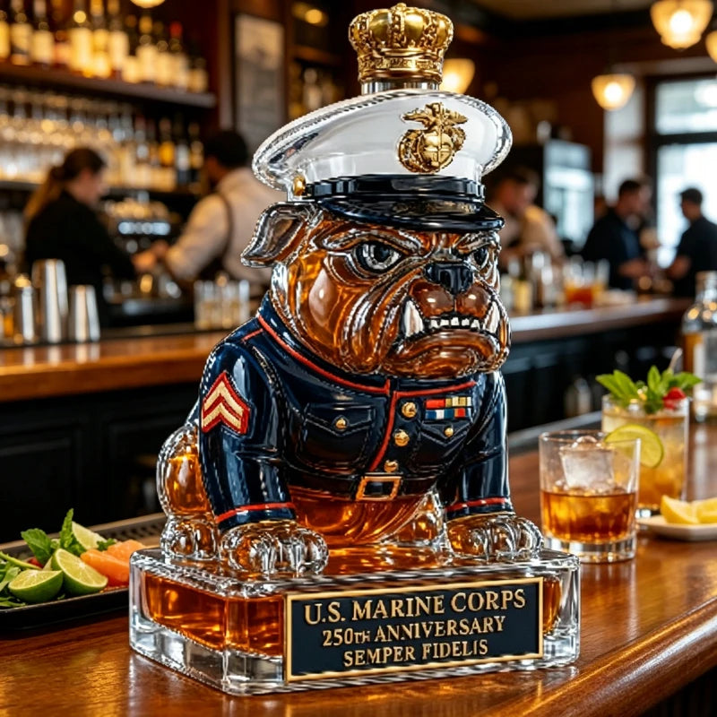 Marine Bulldog Liquor Decanter, 250th Anniversary USMC Semper Fidelis Whiskey Bottle, Unique Barware for Home Bar Decor