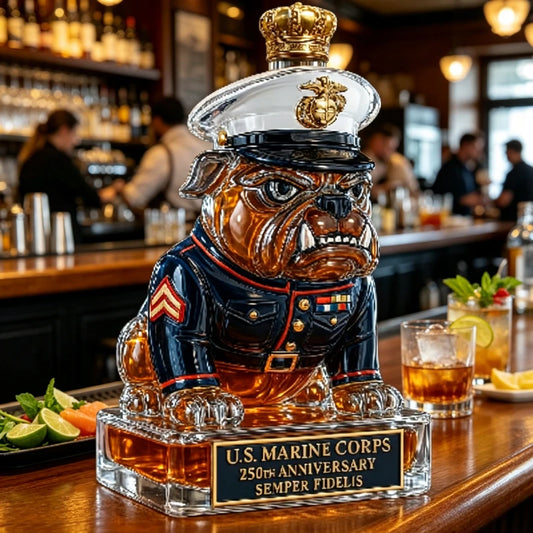 Marine Bulldog Liquor Decanter, 250th Anniversary USMC Semper Fidelis Whiskey Bottle, Unique Barware for Home Bar Decor