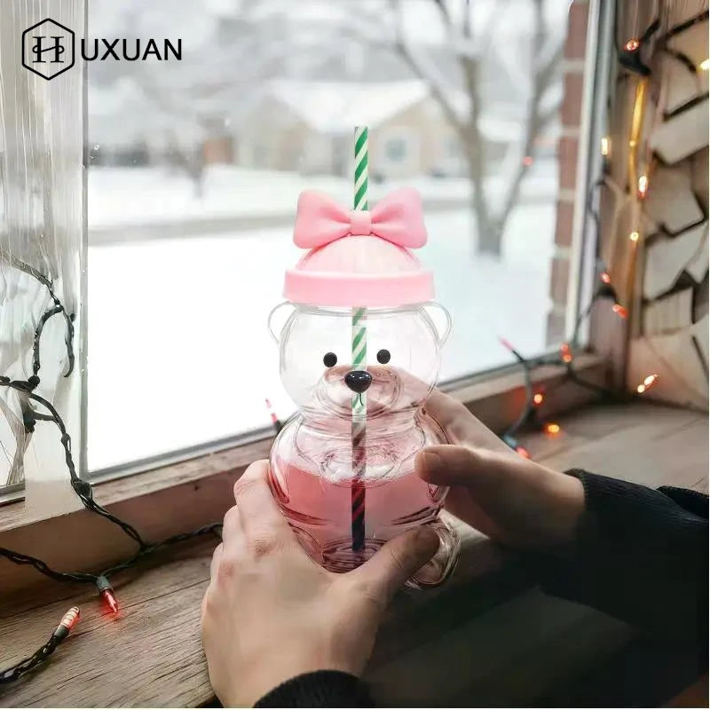 Cartoon Bear Shaped Coffee Mug Cute Bear Mug Plastic Cup With Straw Transparent Creative Milk Coffee Water Cups