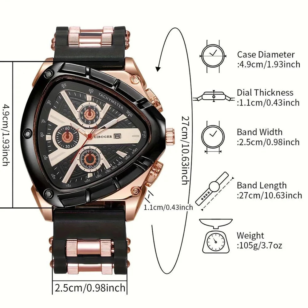 Men Universal Casual Quartz Watch Multifunctional Polygonal Three-Eye Dial Silicone Strap Auto Date Wristwatch Men Festival Gift