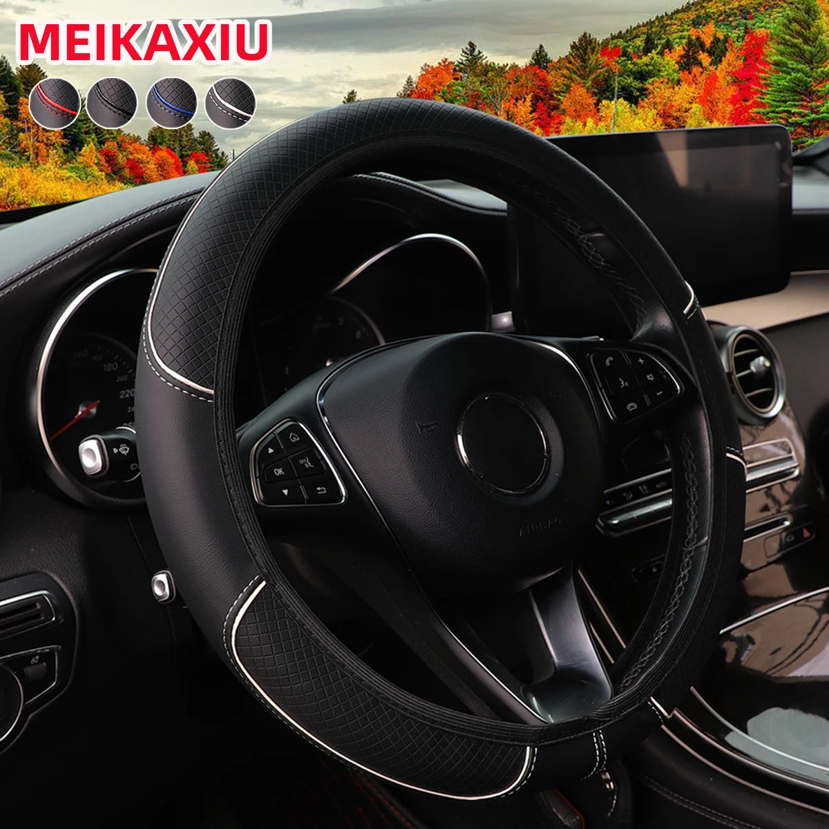 Car Steering Wheel Cover PU Leather Check-Pattern Embossed Trim Non-Ring 37-38cm Interior Accessory for Vehicle