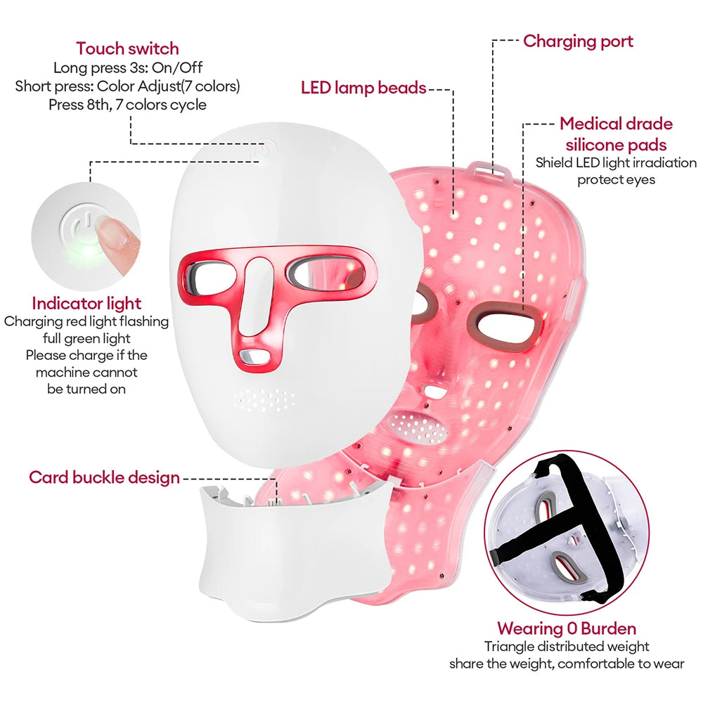 Wireless 7 Colors LED Face Neck Mask Rechargeable Photon Therapy Mask Red Light Skin Tightening Lifting Facial Beauty Device Home SPA Facial Care Machine