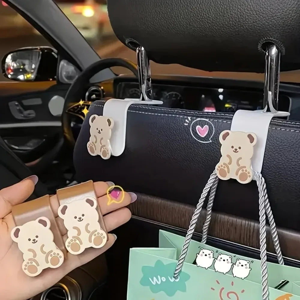 2PCS Car Back Seat Headrest Hooks for Purses & Bag Headrest Hanger Vehicle Cute Bear Bunny Storage Hook Universal Organizer