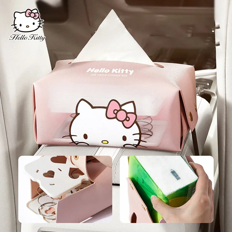 Kawaii Genuine Sanrio Car Tissue Box Hello Kitty Cartoon Armrest Box Car with Drawable Tissue Box Cute Anime Decorative Gifts