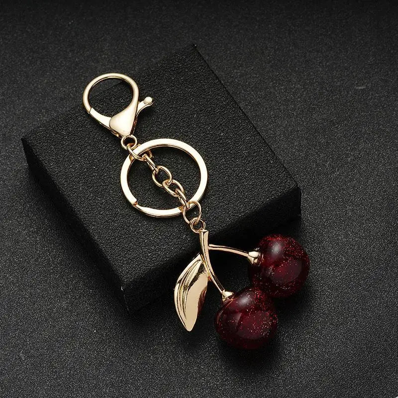 Glitter Resin Cherry Keychain, Golden Hardware Bag Charm, Elegant Retro Fruit Pendant for Handbag and Car Key Decoration