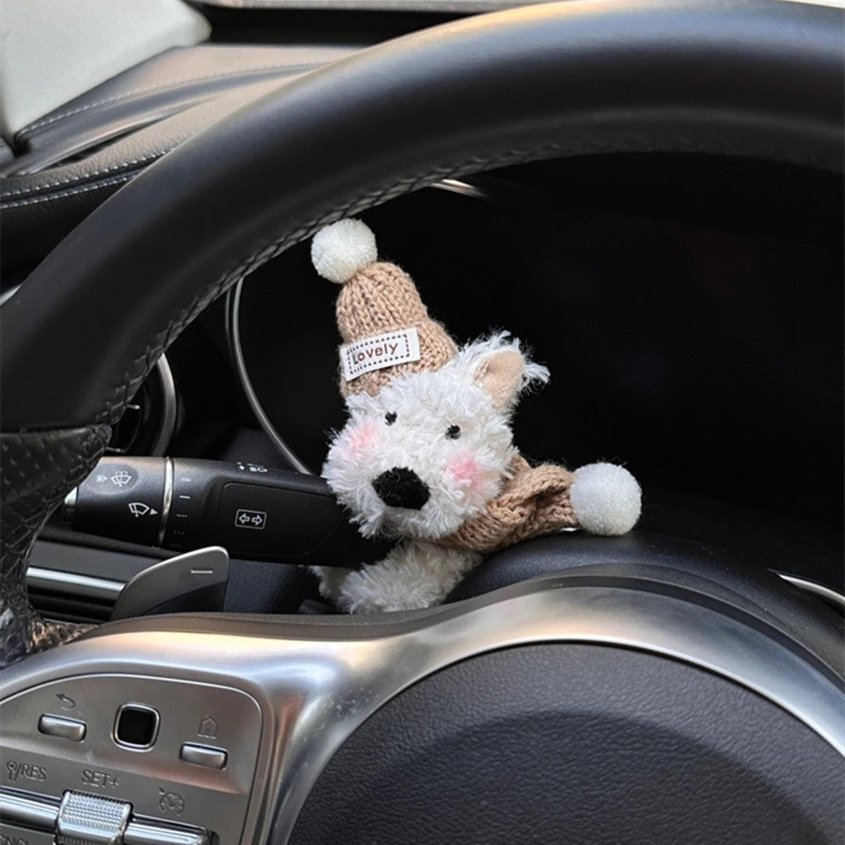 Plush Doll Puppy Car Interior Cute Bow Dog Steering Column Turn Signal Wiper Rod Decorative Accessories for Tesla Benz