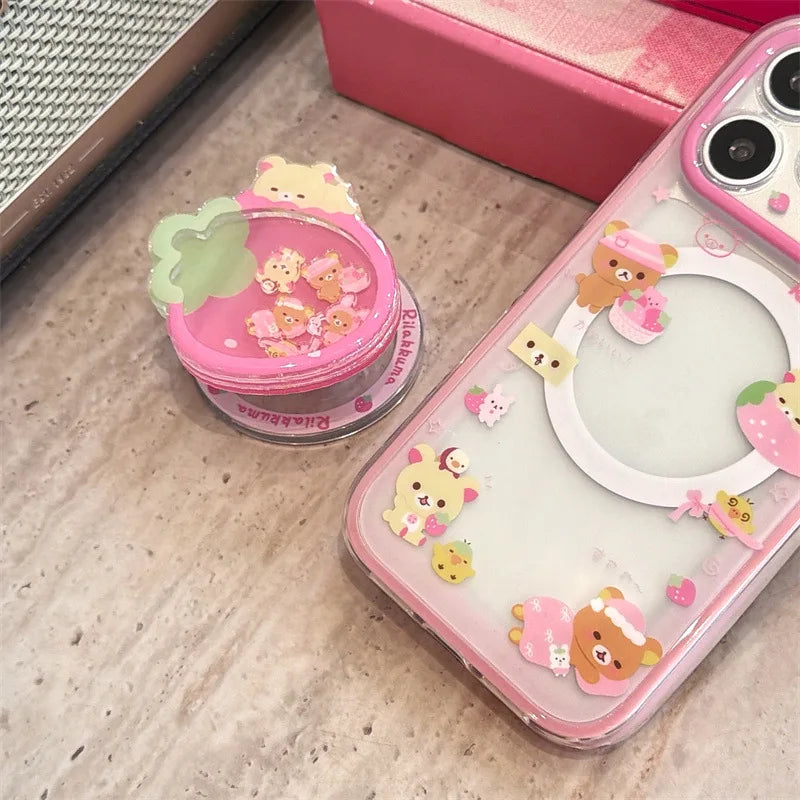 Rilakkuma Cute Magnetic Phone Case Strawberry Bear Shaky Magnetic Stand Double Layer For Iphone 15 Pro 16 Pro 17 Pro Max Pink