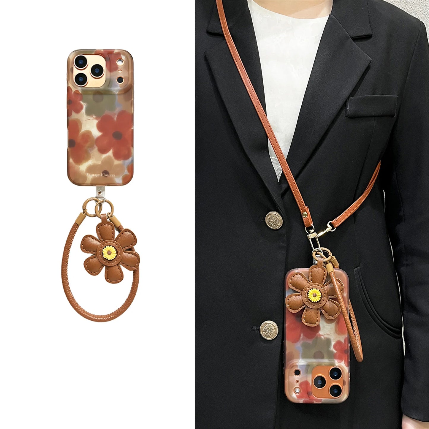 iPhone 17 16 15 14 Pro Max Cover Necklace Leather Chain Pendant Rendering Brown Flower