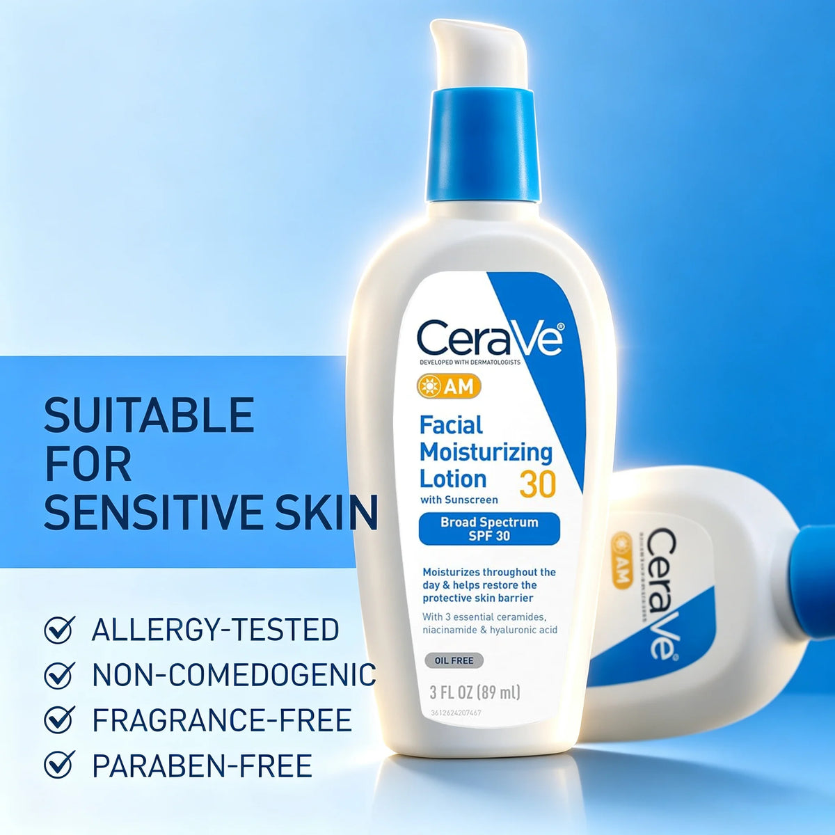 CeraVe AM Facial Moisturizing Lotion with SPF 30,  Broad Spectrum Sunscreen, Hyaluronic Acid Niacinamide Ceramides, 3 Fl Oz