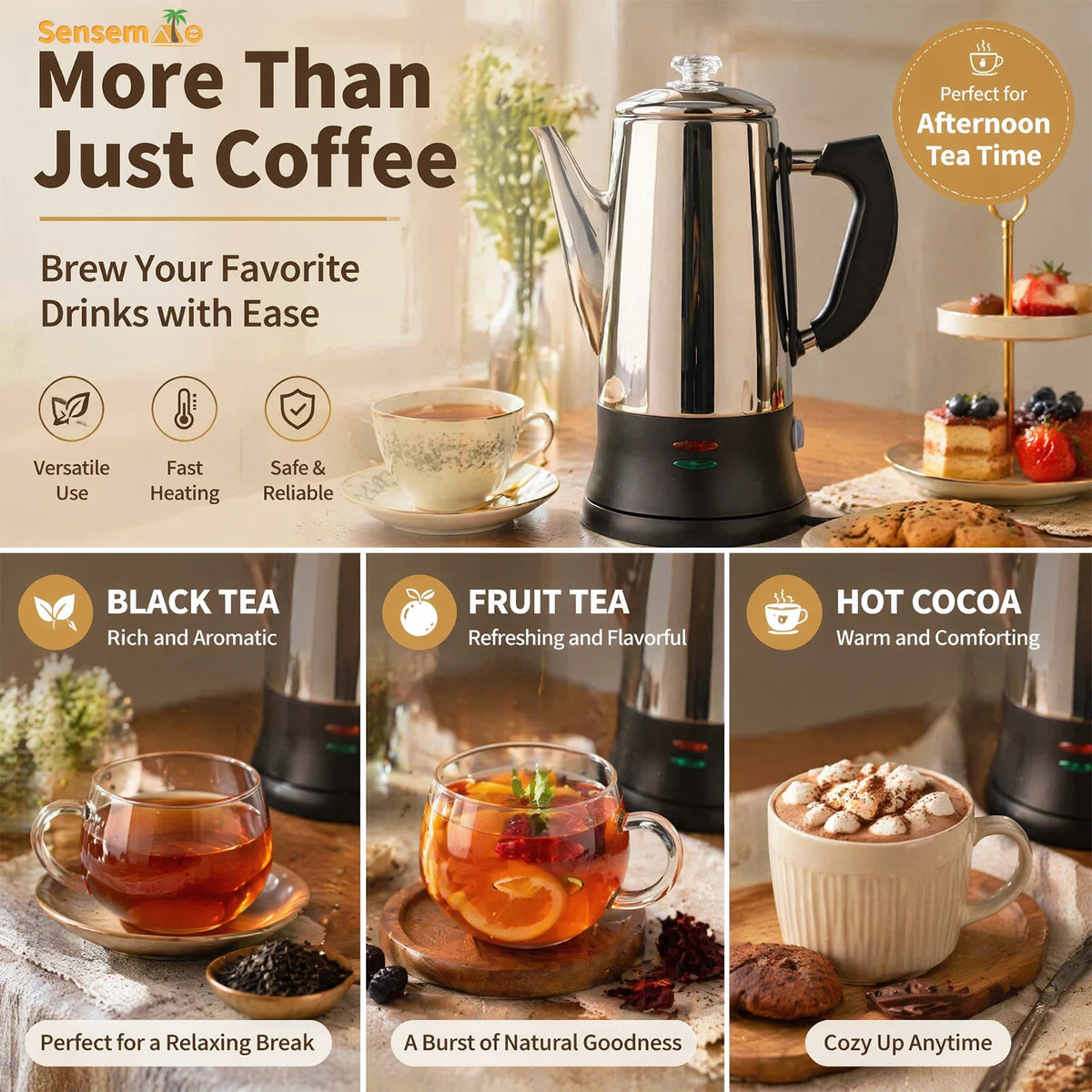 Electric Coffee Percolator 1.8L 12 Cup 304 Stainless Steel Coffee Maker Keep Warm Fast Brew Filter Pot For Home Camping Office