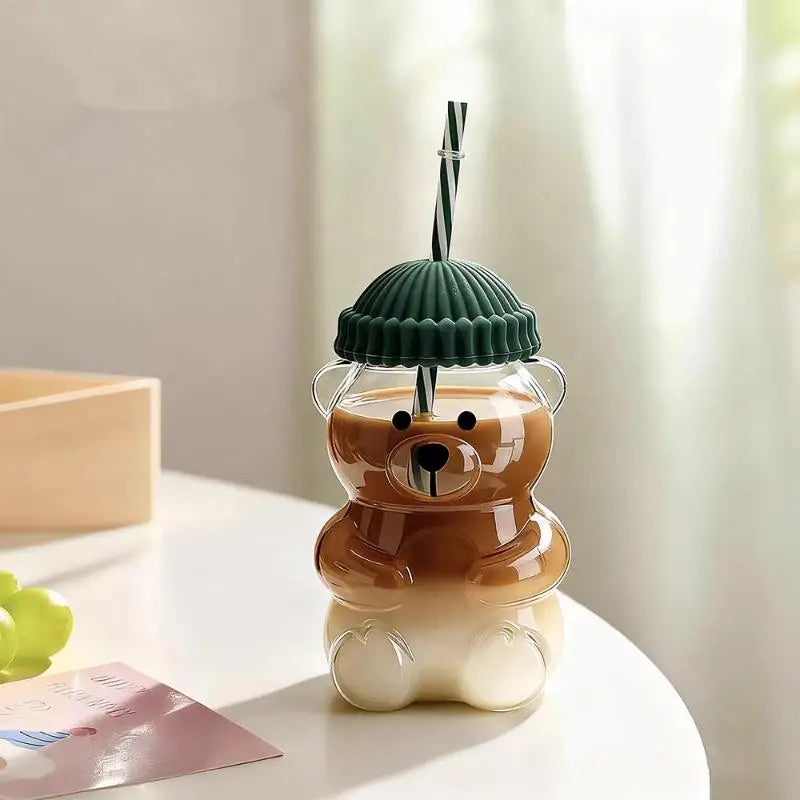 With Straw Transparent Creative Milk Coffee Water Cups 550ML Cartoon Bear Shaped Coffee Mug Cute Bear Mug PET Plastic Cup