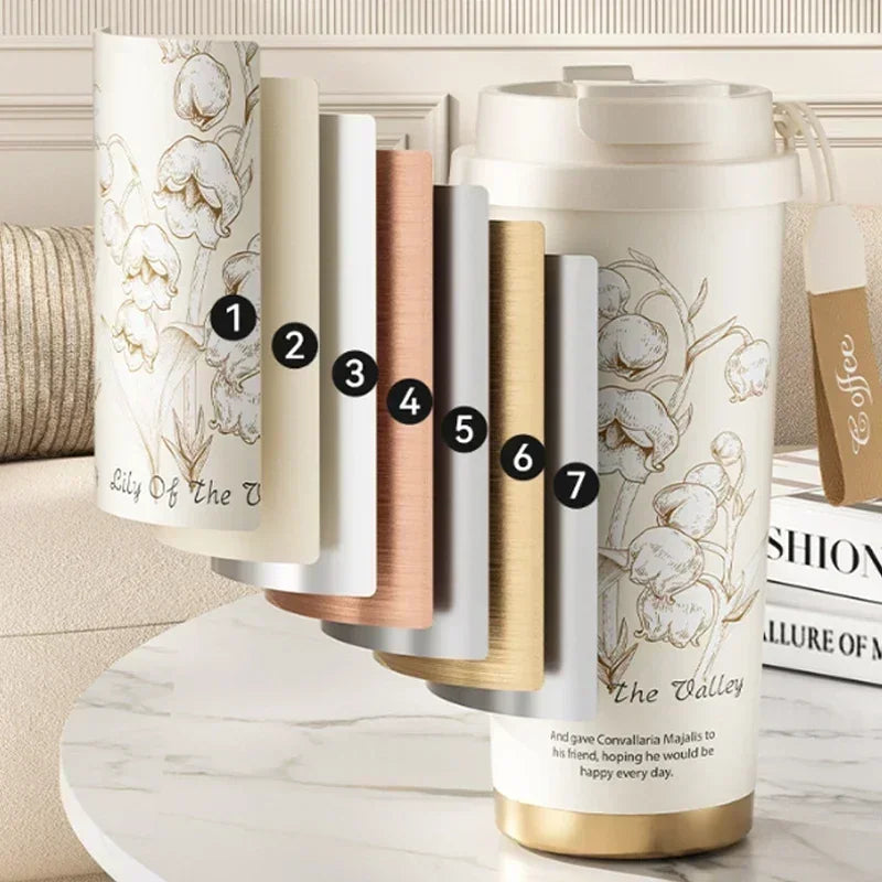 2026 Hot Lily of The Valley Design Travel Portable Leakproof Sippy Cup Coffee Cup Stainless Steel Car Cold Handy Cup lijiao