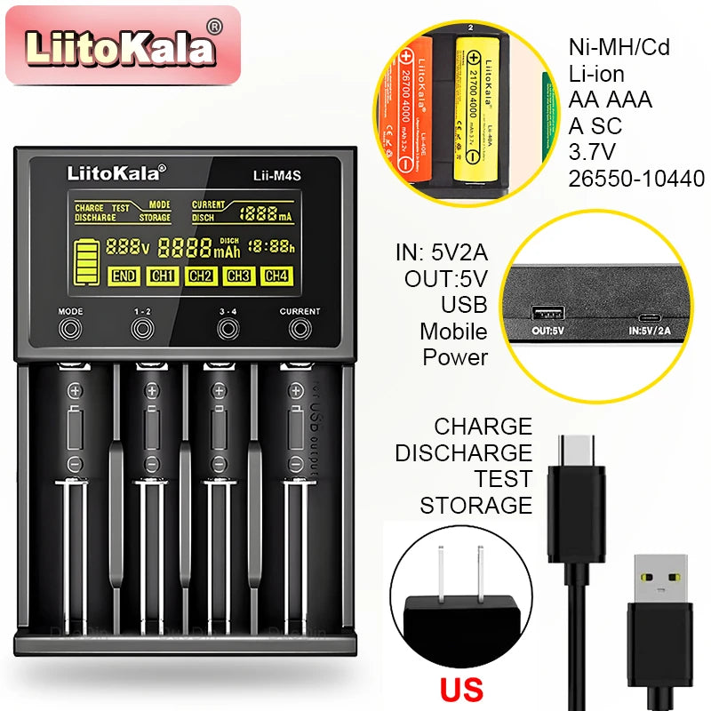 LiitoKala Lii-M4S Touch Charger (4 Slots)-300-1000mA LCD Capacity Tester W/ Storage Mode & USB Power Bank for 21700/26650/18650