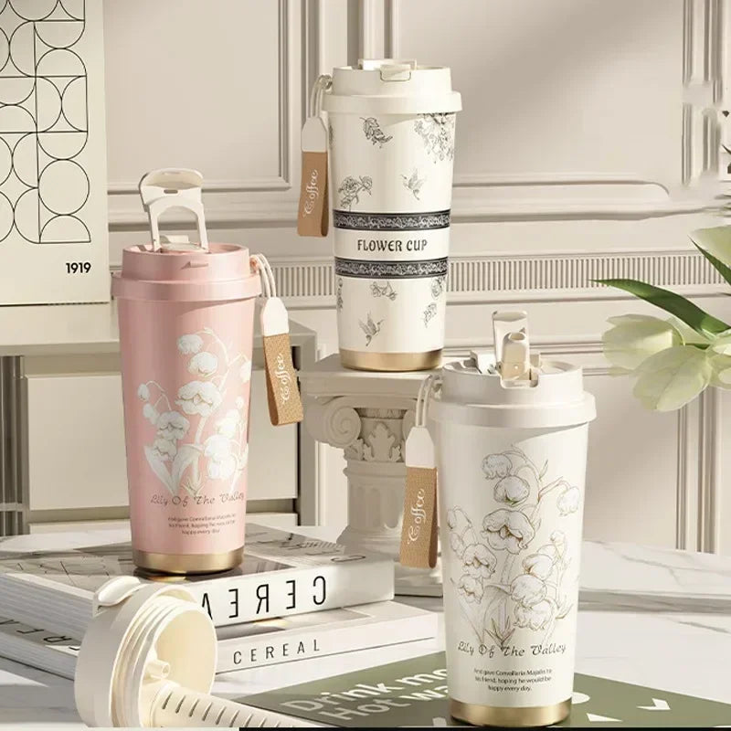 2026 Hot Lily of The Valley Design Travel Portable Leakproof Sippy Cup Coffee Cup Stainless Steel Car Cold Handy Cup lijiao