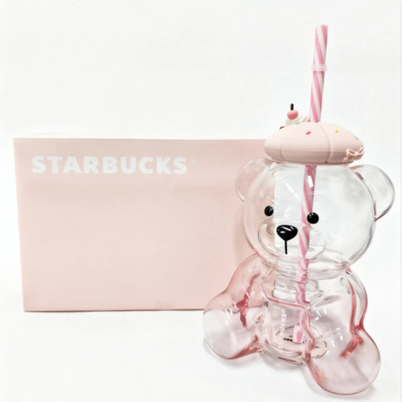 660ml Cute Bear Shaped Starbucks Glass Tumbler, Sweet Dessert Silicone Cover & Pink Straw, Clear Beverage Cup For Daily Use