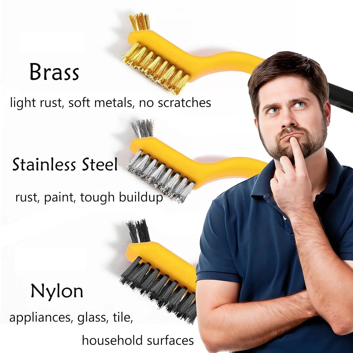Wire Brush Set 6Pcs Nylon/Brass/Stainless Steel Bristles with Curved Handle Grip for Cleaning Rust Removal Dirt Paint Scrubbing
