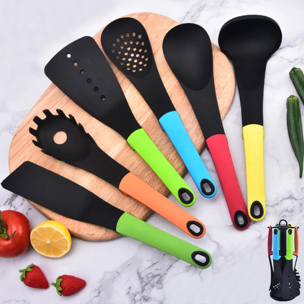 7Pcs/Set Heat-resistant Cooking Spatula Set Nylon with Storage Rack Kitchen Utensils Set Non Stick Colorful Slotted Spoon