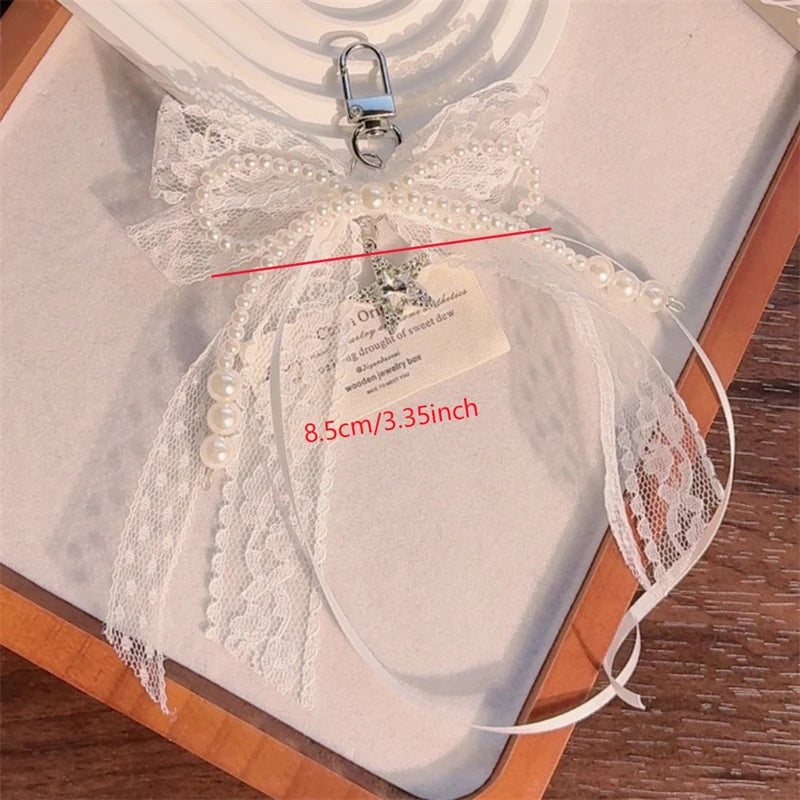 Lace bow Keychain Hollow Red Ribbon Cherry Pendant Women Handbag and Backpack Key Chain Exquisite Ornament Holiday Gift Decor
