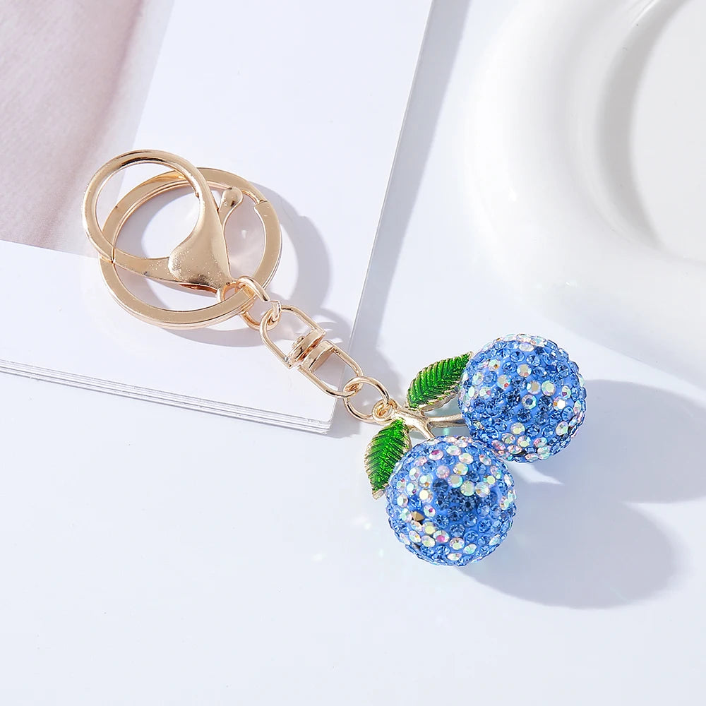 Full Rhinestones Cherry Keychain Couple Keychain Girl Decoration Small Pendant Car Key Ring Student Bag Pendant
