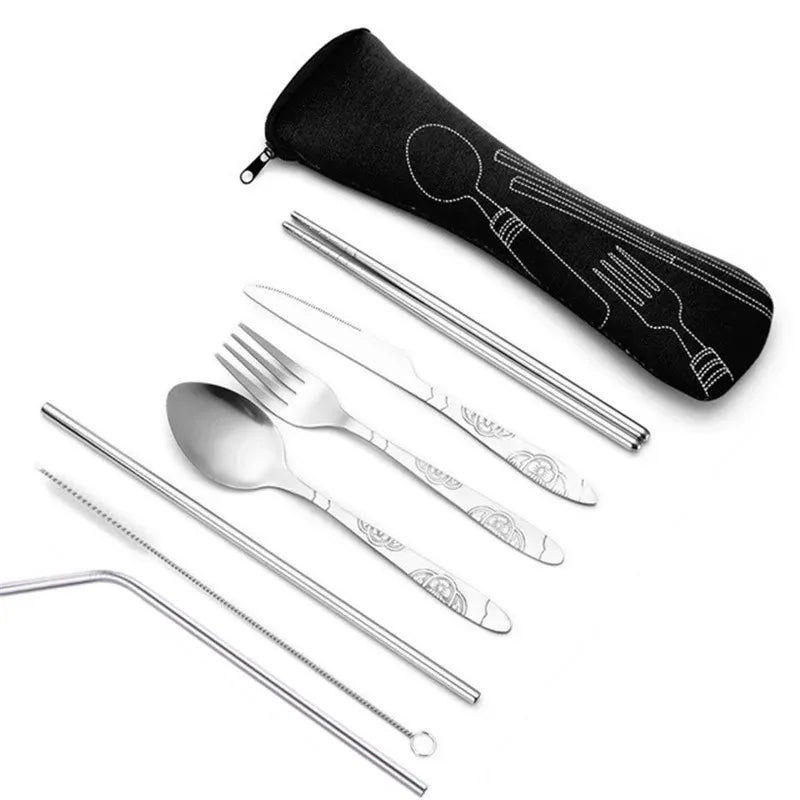 7pcs/ Set Stainless Steel Tableware Set Outdoor Portable Cloth Bag Knife Fork Spoon Chopsticks Straw Rich Flowers Seven Sets