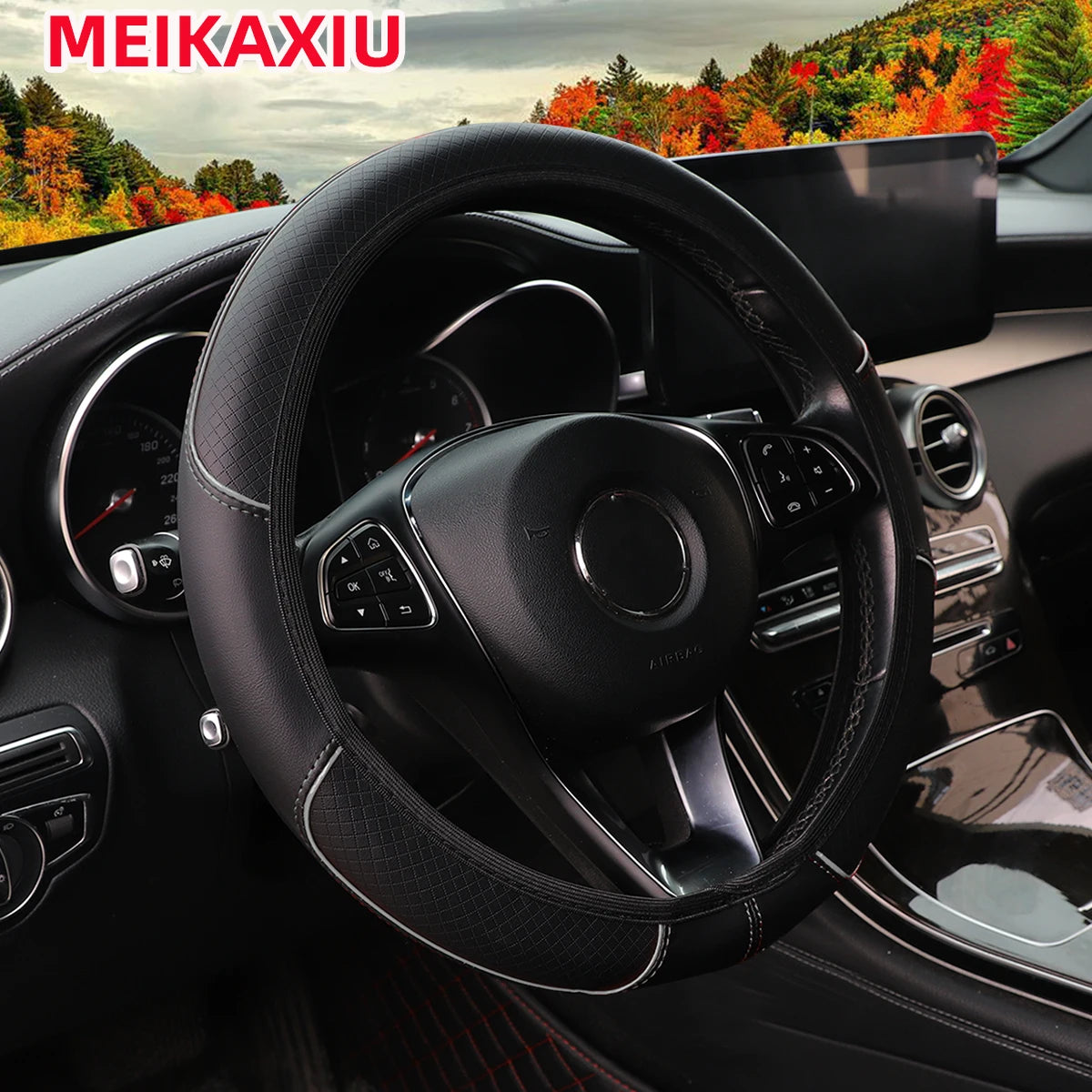 Car Steering Wheel Cover PU Leather Check-Pattern Embossed Trim Non-Ring 37-38cm Interior Accessory for Vehicle