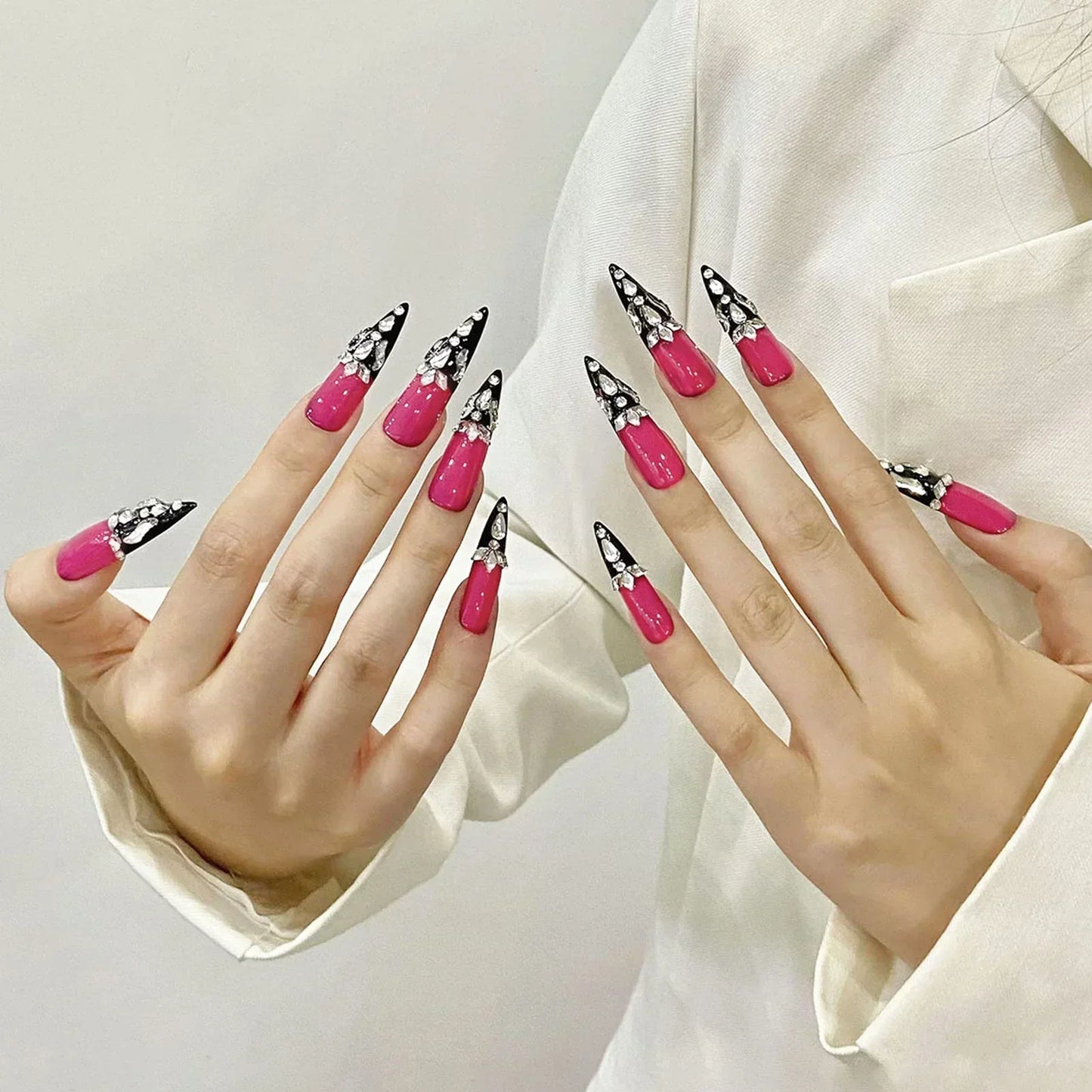 Black French Rhinestone Almond Nails