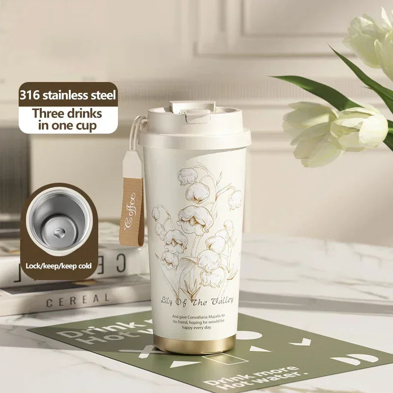 2026 Hot Lily of The Valley Design Travel Portable Leakproof Sippy Cup Coffee Cup Stainless Steel Car Cold Handy Cup lijiao