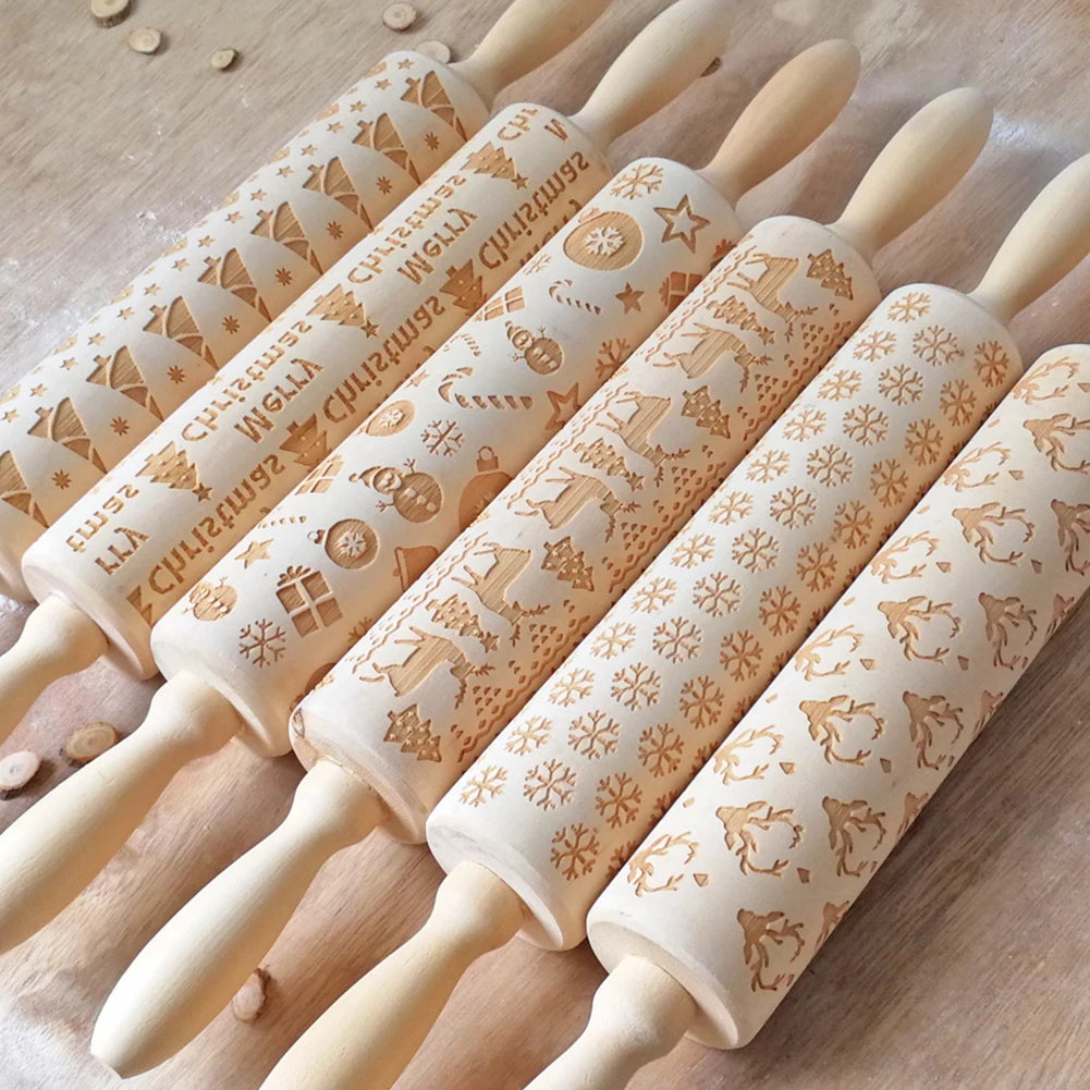Christmas Snowflake Elk Wooden Rolling Pin Dough Engraved Roller DIY Supplies