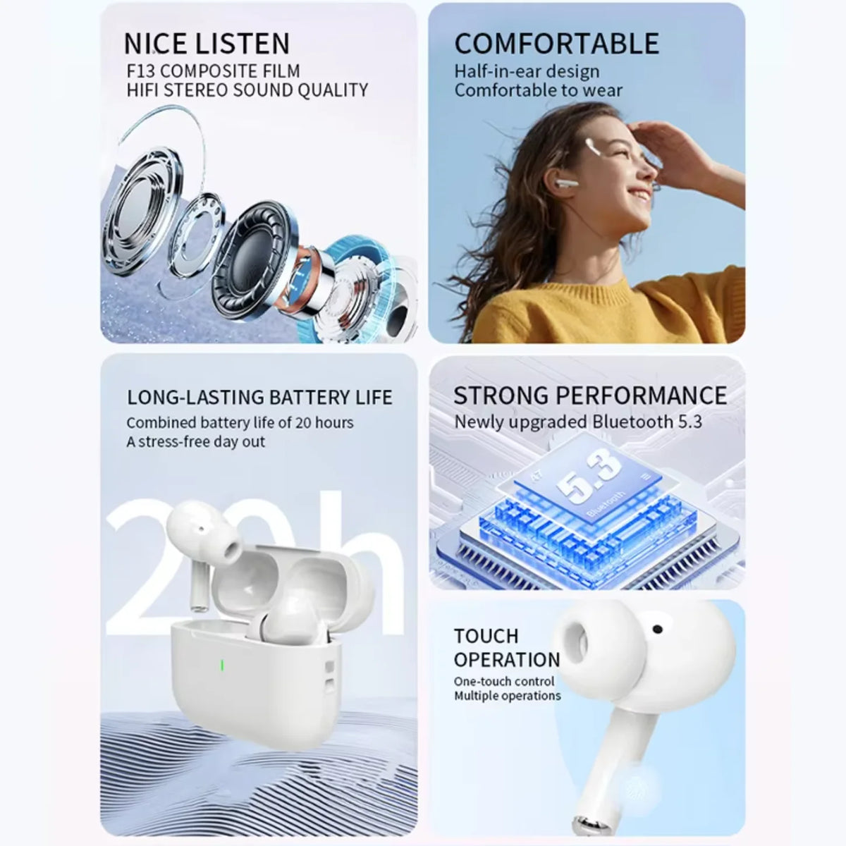 UEESFIT A5 TWS Bluetooth5.3 Earphone True Wireless Earbuds Noise Reduction In-Ear Headphones Sports Gaming Headest With Mic
