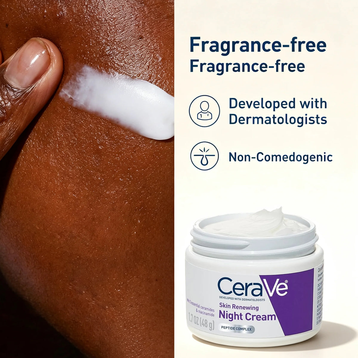 CeraVe Skin Renewing Night Cream, Peptide Complex, Hyaluronic Acid & Ceramide Moisturizer for Face, 1.7 Ounce