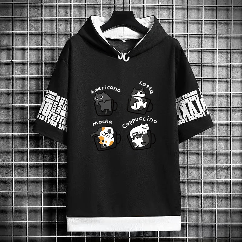 Harajuku Men's T-Shirt Hoodie Women Cartoon Cat Print Graphics T-Shirt Streetwear Funny Shirt Korean Fashion Short Sleeve Tops